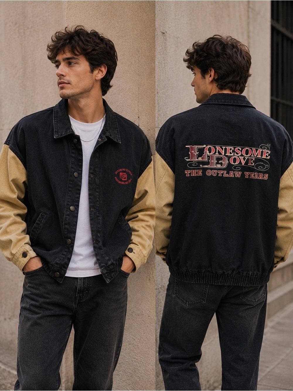 Vintage 90s Lonesome Dove The Outlaw Years Black &Tan Denim Crew Jacket Size M